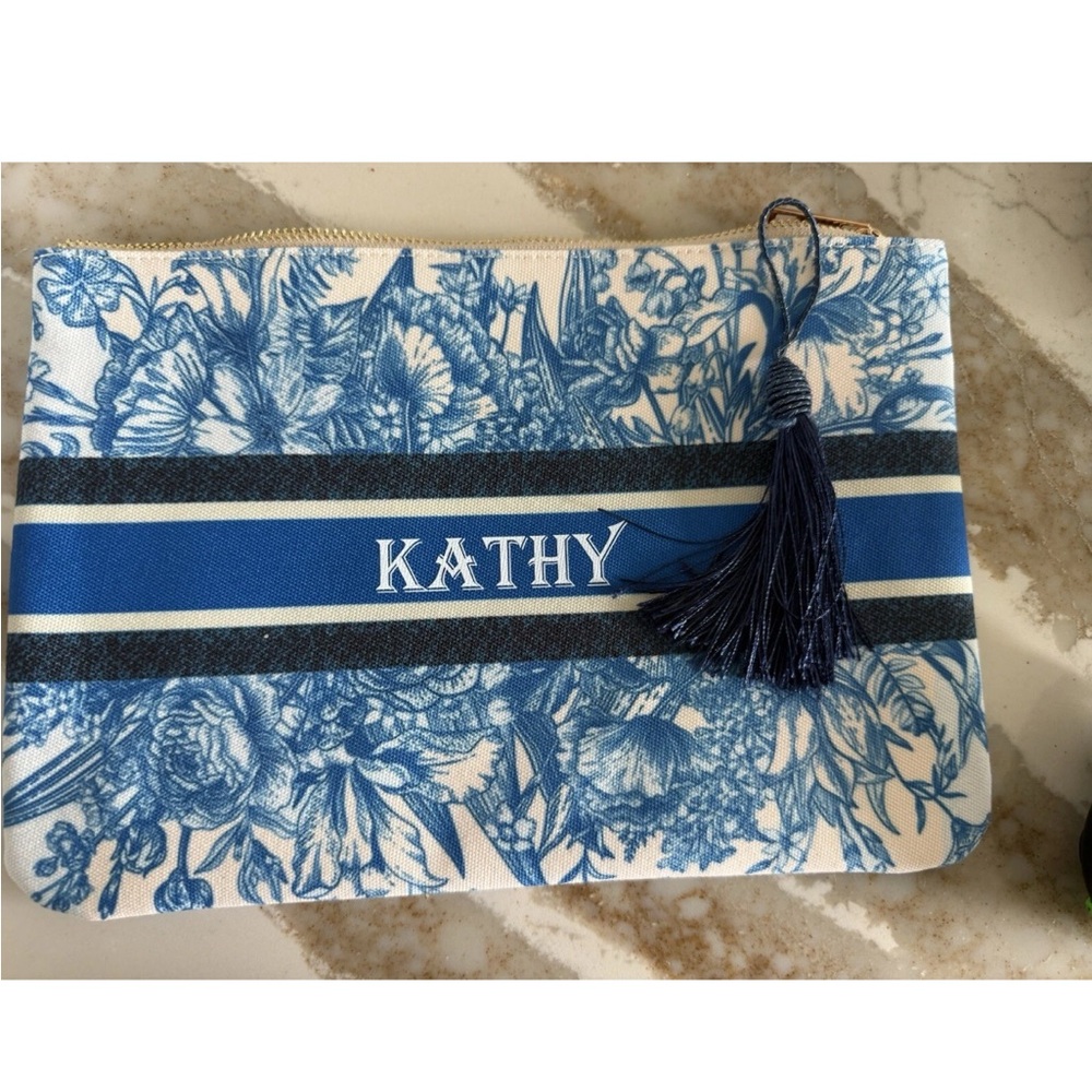 TOILE CANVAS POUCH CLUTCH WITH ZIPPER NAME KATHY